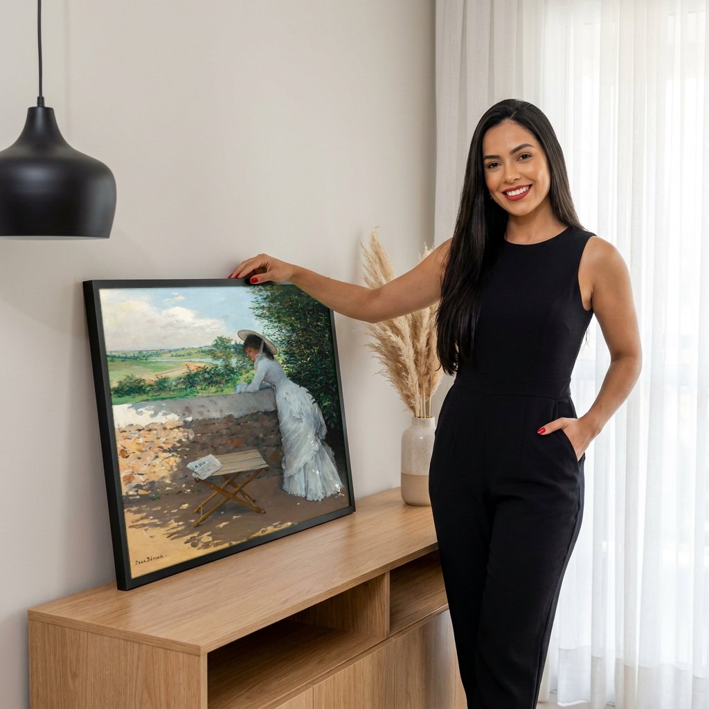 Quadro Decorativo A Dama no Muro - Jean Béraud | modelo apresentando o quadro emoldurado