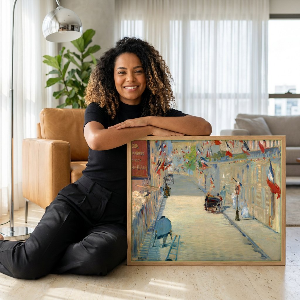 Quadro Decorativo A Rua Montorgueil - Manet | modelo apresentando o quadro emoldurado