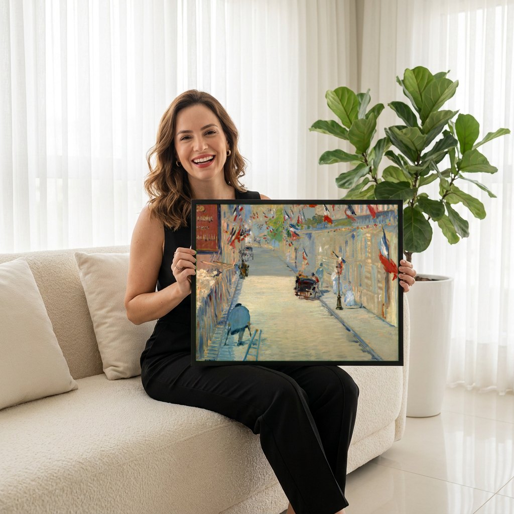 Quadro Decorativo A Rua Montorgueil - Manet | modelo apresentando o quadro emoldurado