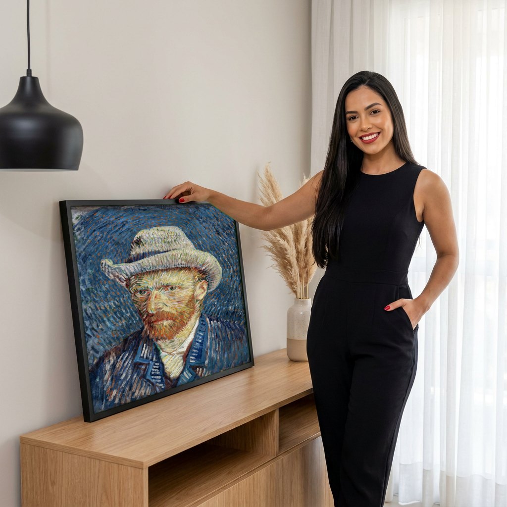 Quadro Decorativo Autorretrato com Chapéu de Palha - Van Gogh | modelo apresentando o quadro emoldurado
