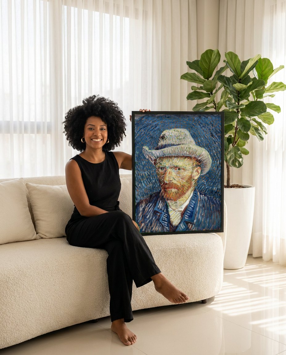 Quadro Decorativo Autorretrato com Chapéu de Palha - Van Gogh | modelo apresentando o quadro emoldurado