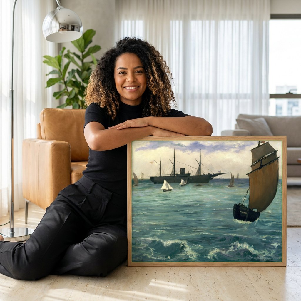 Quadro Decorativo A Partida do Vapor de Folkestone - Manet | modelo apresentando o quadro emoldurado