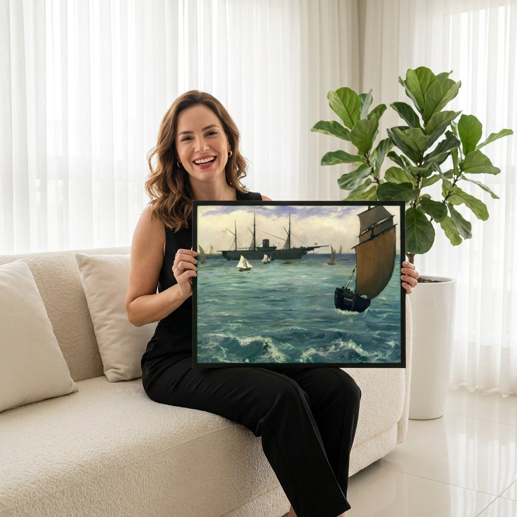 Quadro Decorativo A Partida do Vapor de Folkestone - Manet | modelo apresentando o quadro emoldurado