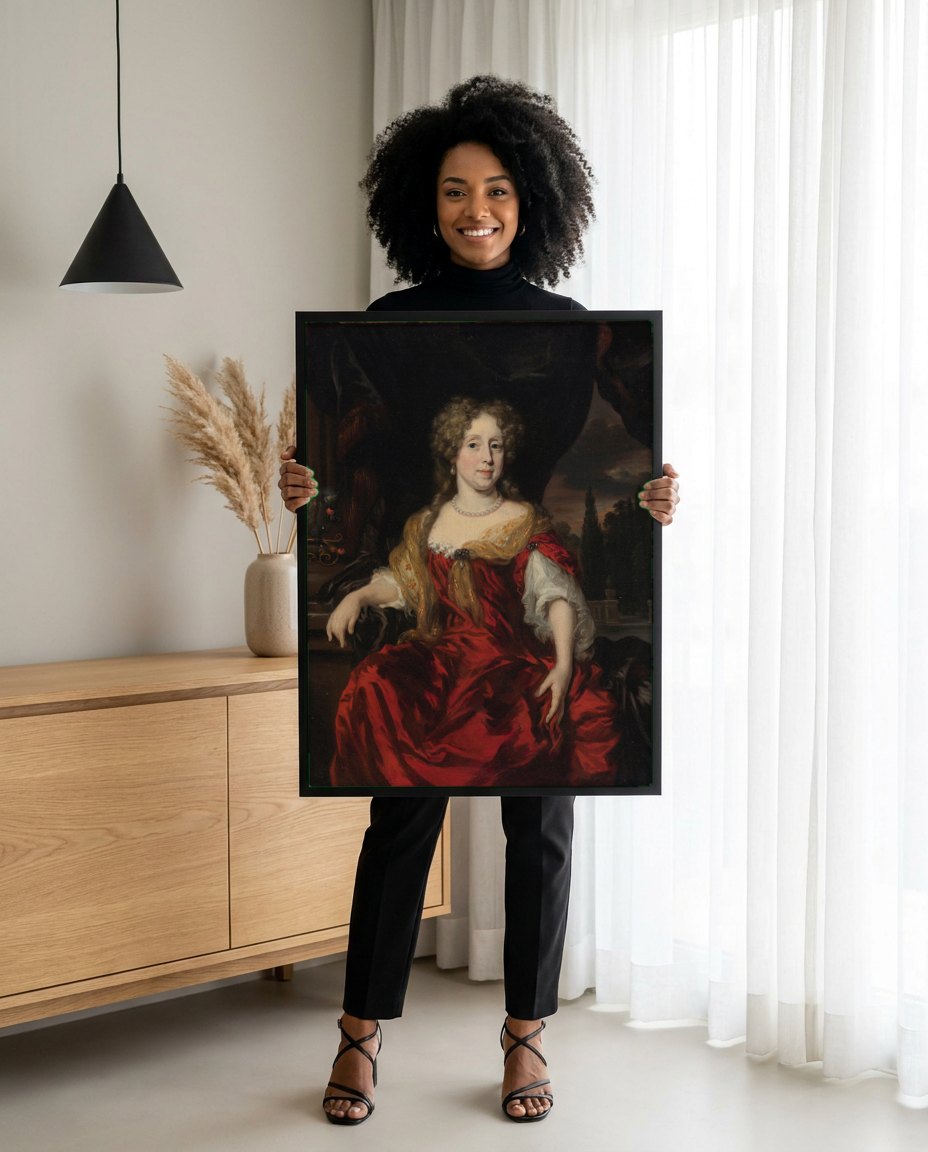 Quadro Decorativo Retrato de Dama com Vestido Vermelho - Nicolaes Maes | modelo apresentando o quadro emoldurado