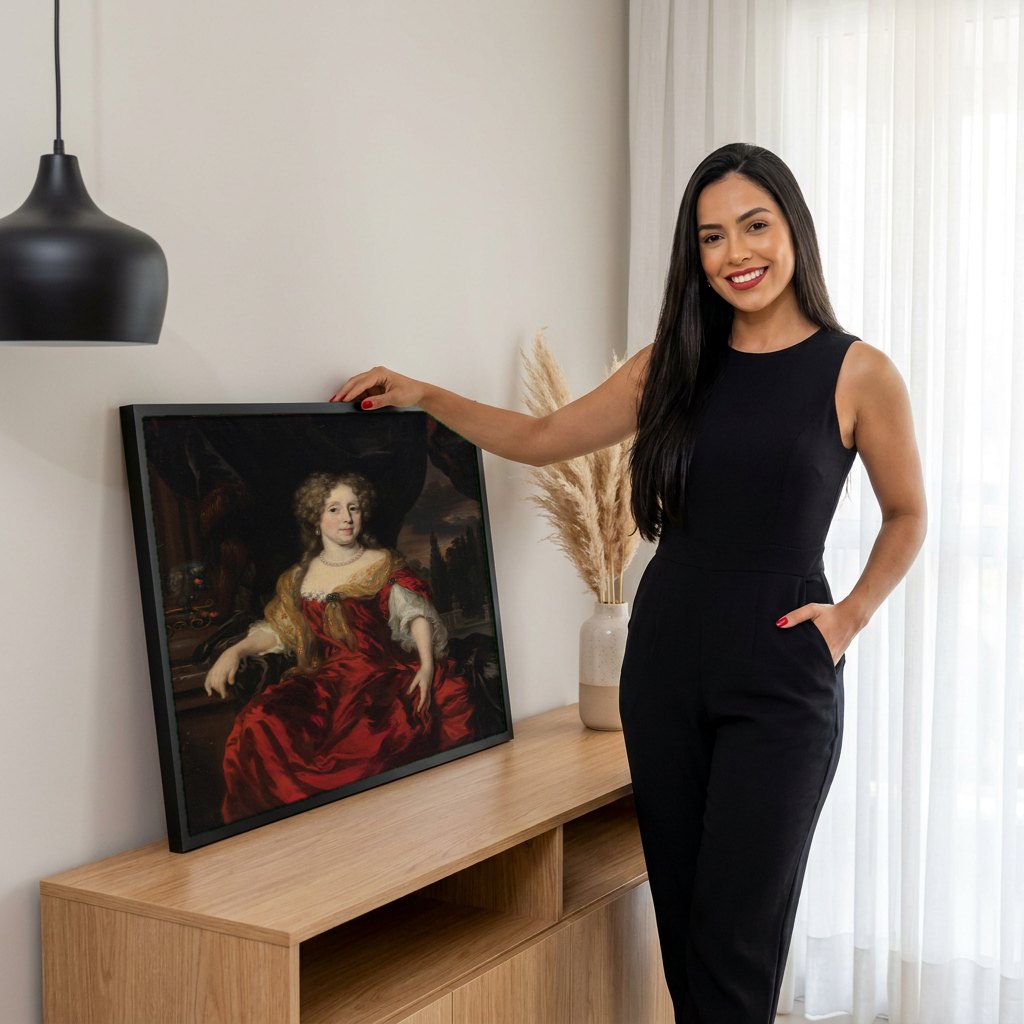 Quadro Decorativo Retrato de Dama com Vestido Vermelho - Nicolaes Maes | modelo apresentando o quadro emoldurado