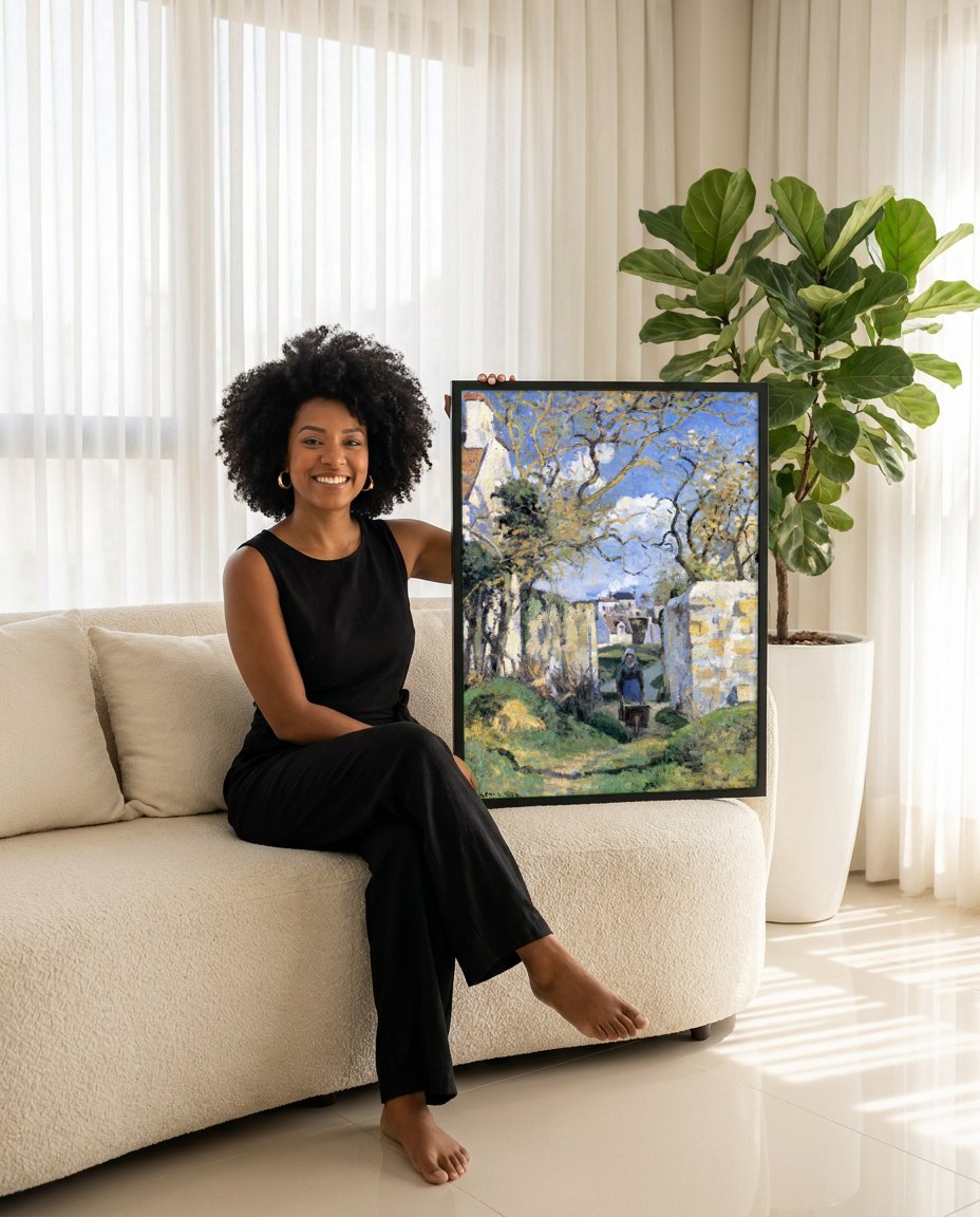 Quadro Decorativo A Carriola (La Brouette) - Pissarro | modelo apresentando o quadro emoldurado