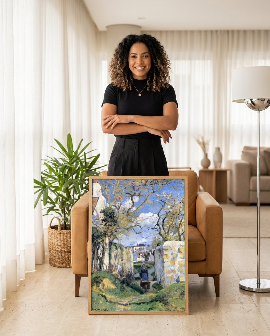 Quadro Decorativo A Carriola (La Brouette) - Pissarro | modelo apresentando o quadro emoldurado