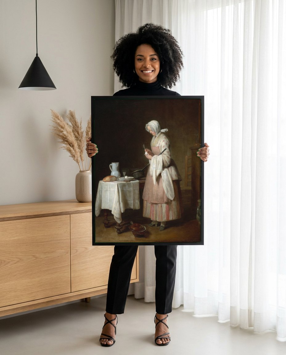 Quadro Decorativo A Cozinheira - Jean Siméon Chardin | modelo apresentando o quadro emoldurado