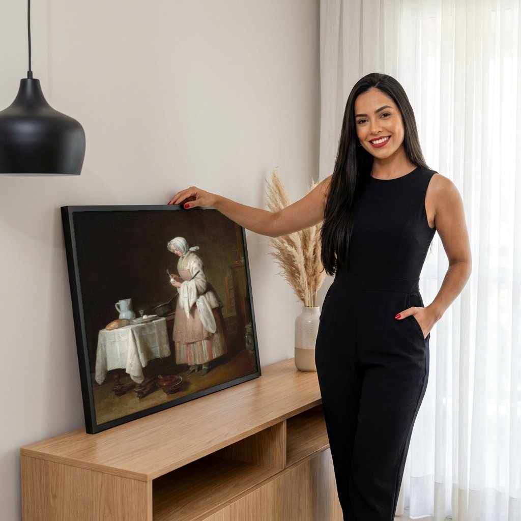 Quadro Decorativo A Cozinheira - Jean Siméon Chardin | modelo apresentando o quadro emoldurado