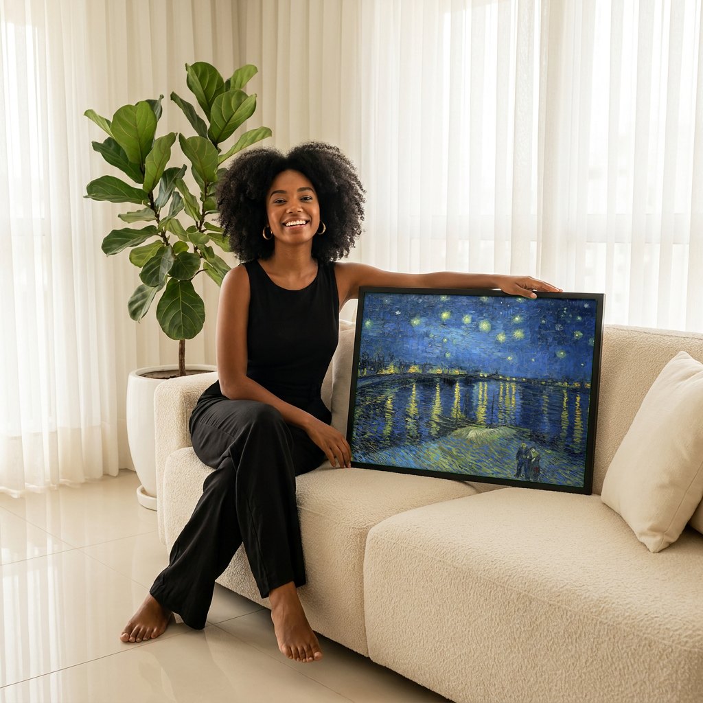 Quadro Decorativo Noite Estrelada Sobre o Ródano - Van Gogh | modelo apresentando o quadro emoldurado