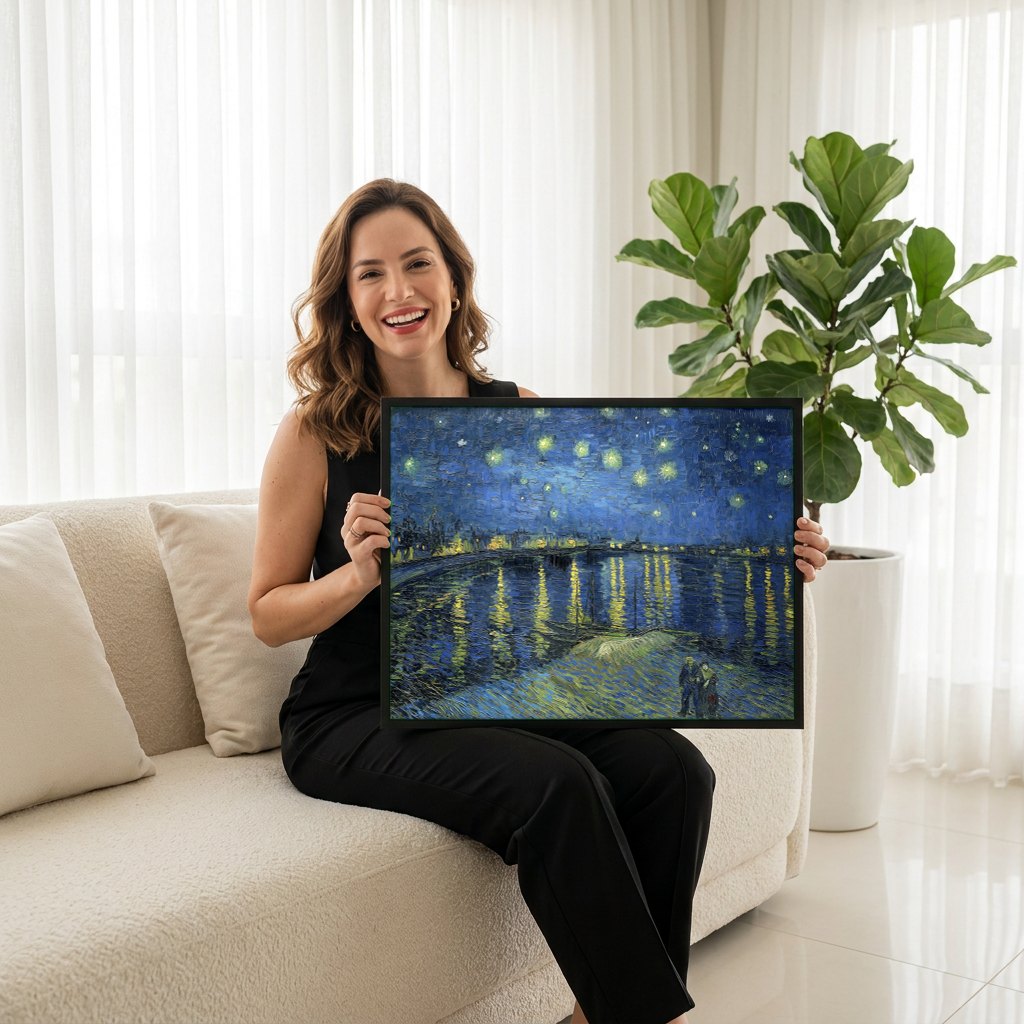Quadro Decorativo Noite Estrelada Sobre o Ródano - Van Gogh | modelo apresentando o quadro emoldurado