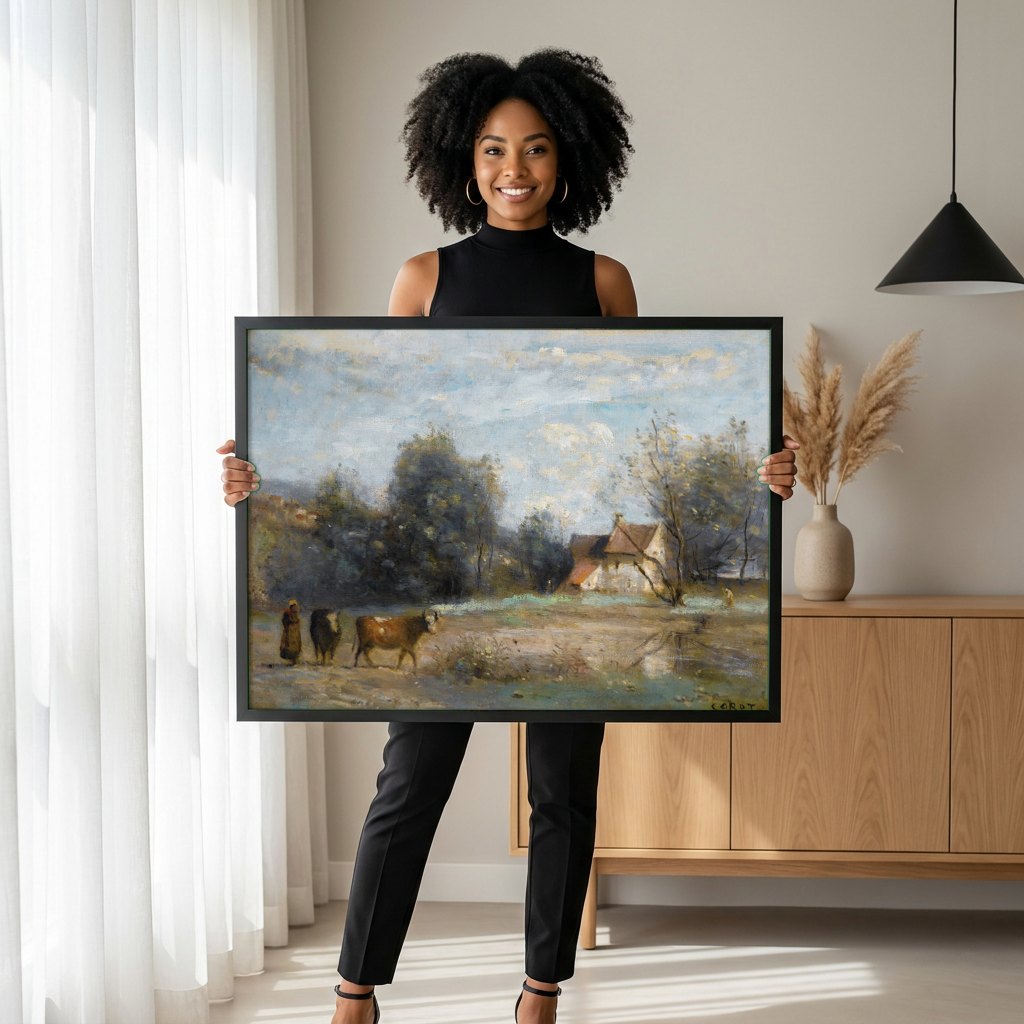 Quadro Decorativo Paisagem com Camponeses e Gado - Corot | modelo apresentando o quadro emoldurado