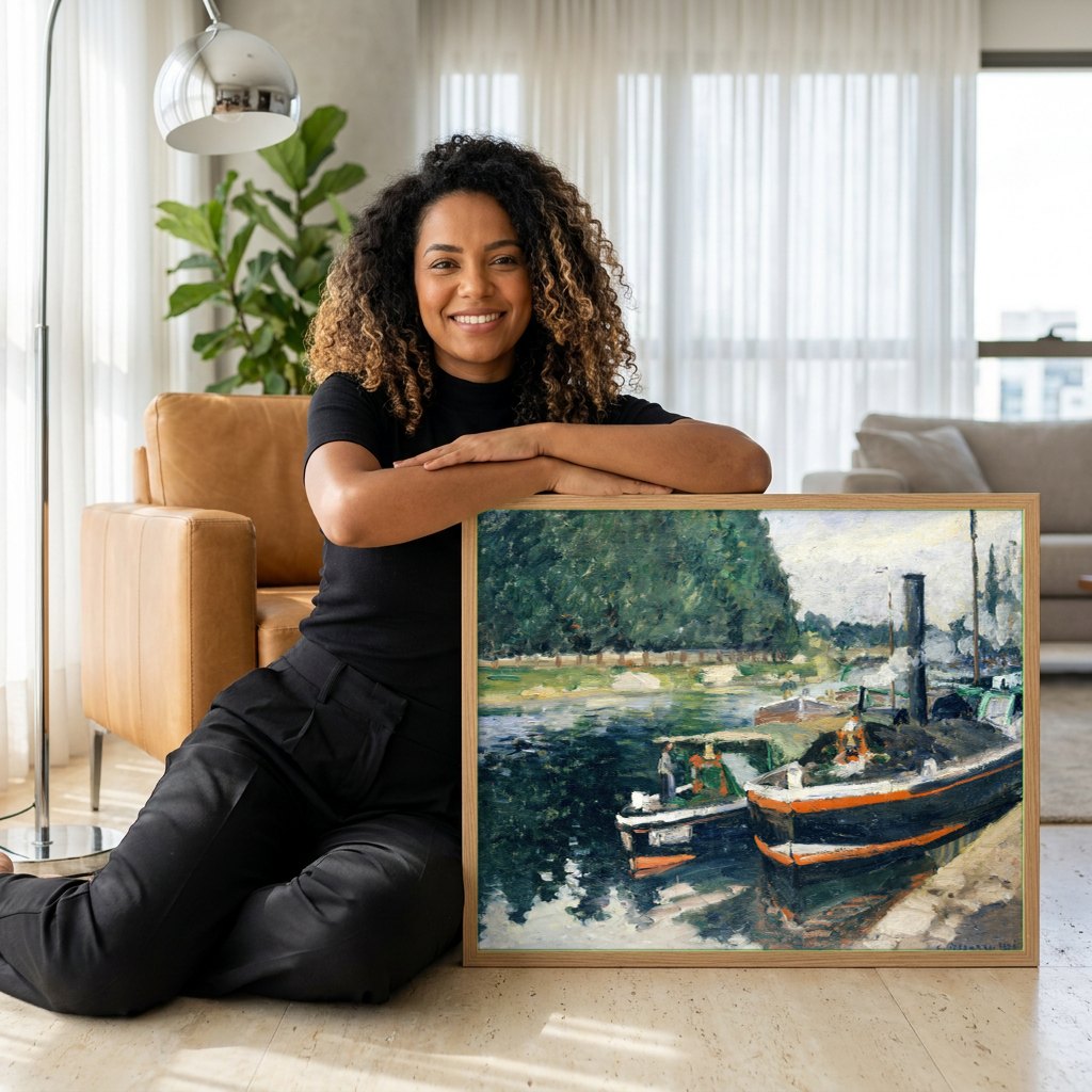 Quadro Decorativo Barcos no Sena - Camille Pissarro | modelo apresentando o quadro emoldurado
