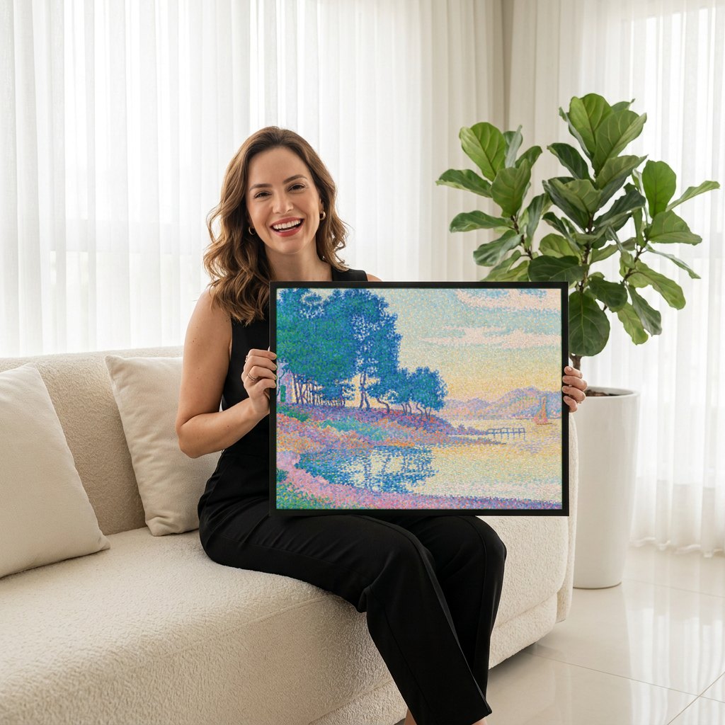 Quadro Decorativo Paisagem com Árvores e Mar - Signac | modelo apresentando o quadro emoldurado