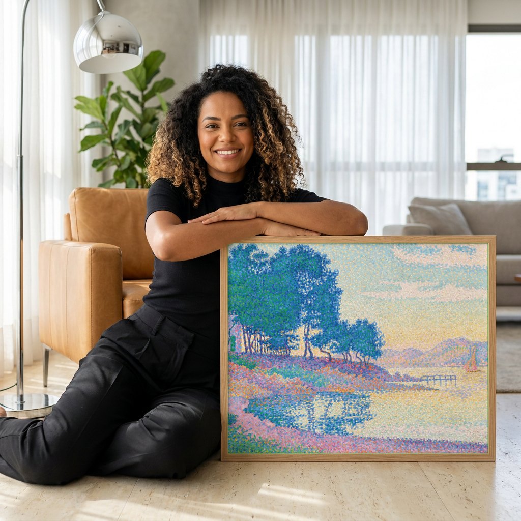 Quadro Decorativo Paisagem com Árvores e Mar - Signac | modelo apresentando o quadro emoldurado