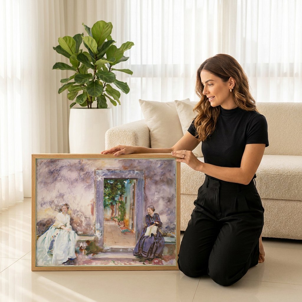 Quadro Decorativo Duas Mulheres em um Terraço - John Singer Sargent | modelo apresentando o quadro emoldurado