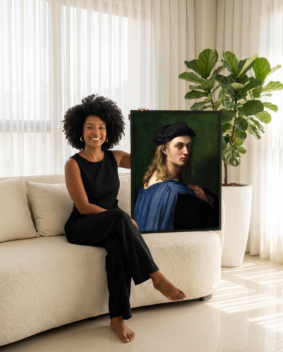 Quadro Decorativo Retrato de Jovem - Rafael | modelo apresentando o quadro emoldurado