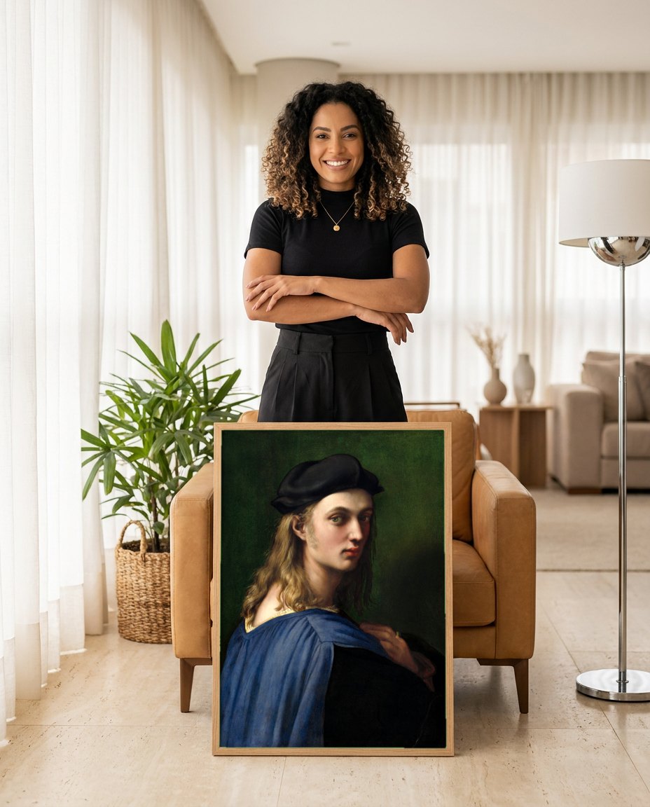 Quadro Decorativo Retrato de Jovem - Rafael | modelo apresentando o quadro emoldurado