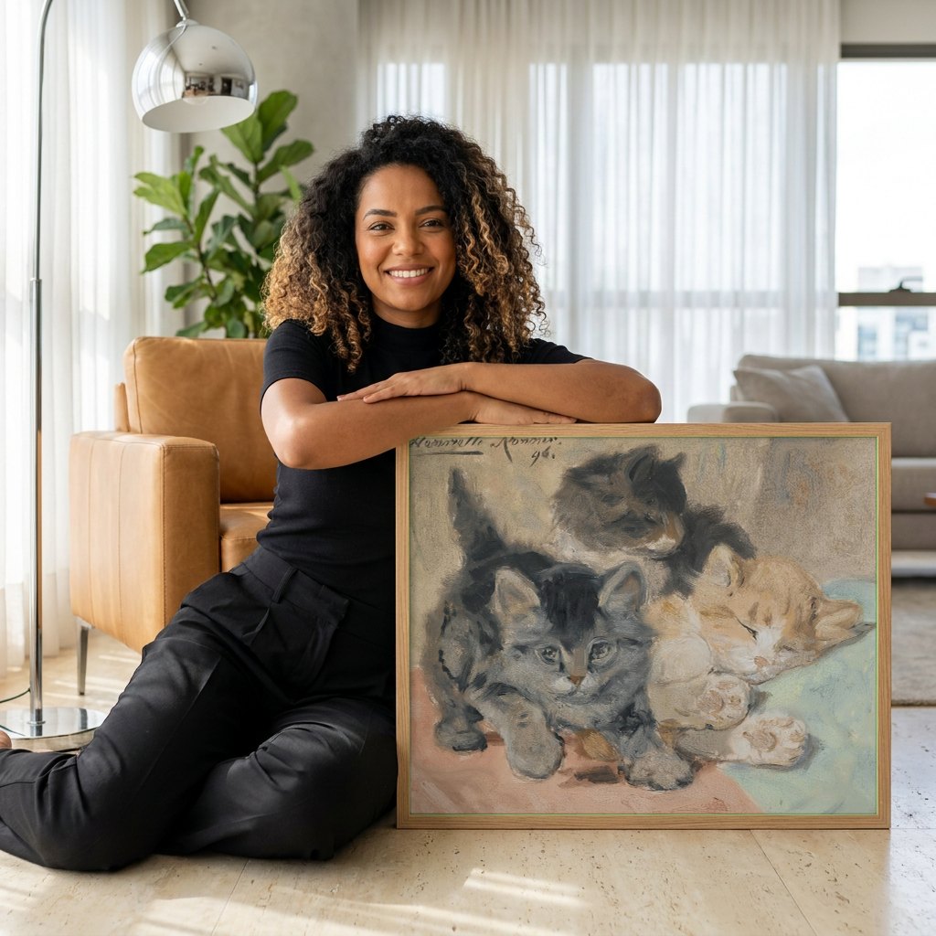 Quadro Decorativo Gatinhos Brincalhões e Sonolentos - Henriëtte Ronner-Knip | modelo apresentando o quadro emoldurado