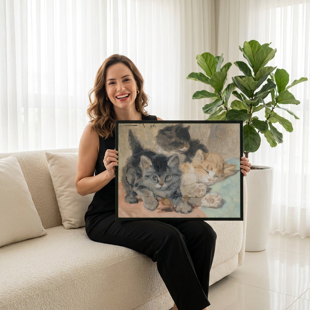 Quadro Decorativo Gatinhos Brincalhões e Sonolentos - Henriëtte Ronner-Knip | modelo apresentando o quadro emoldurado