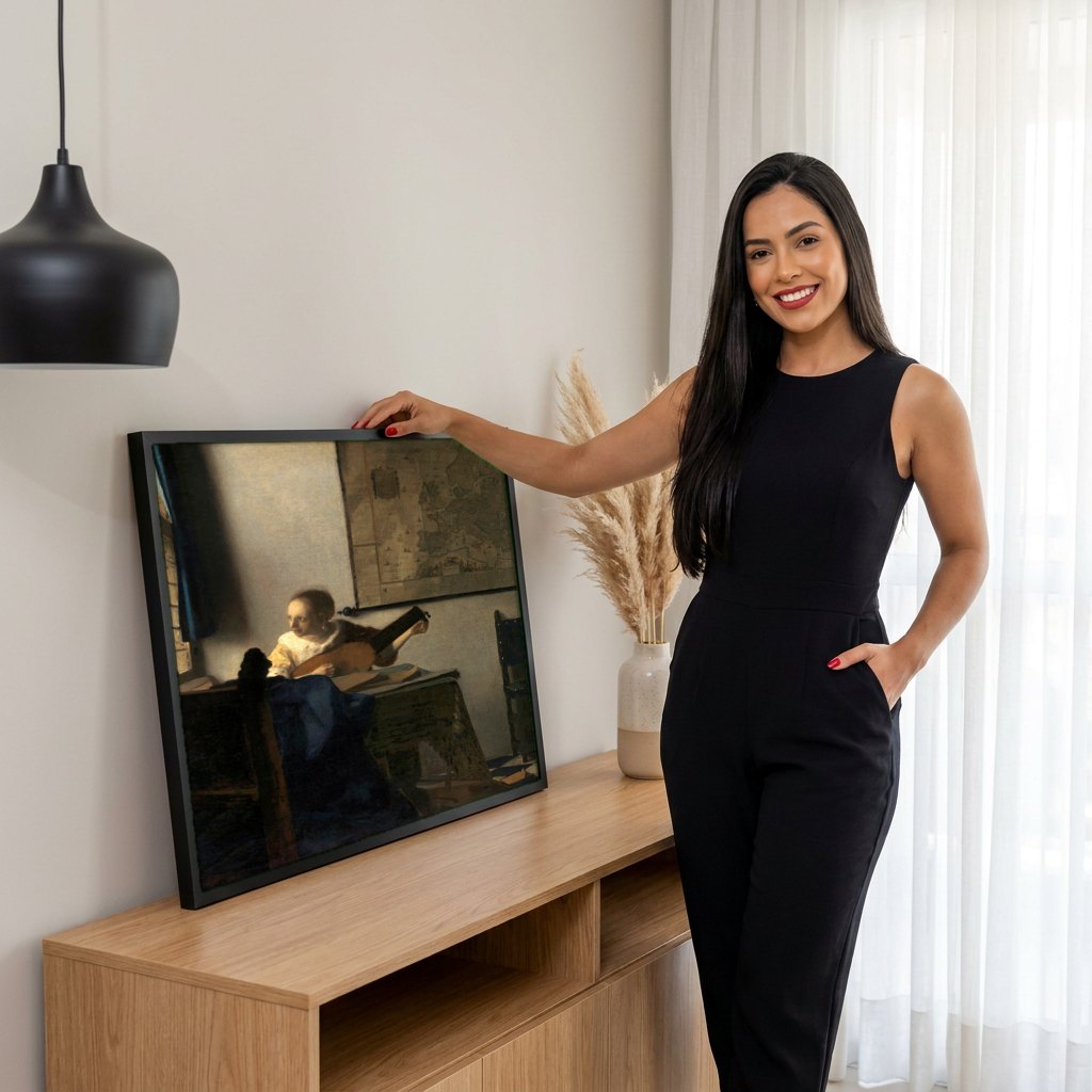 Quadro Decorativo A Mulher com o Alaúde - Vermeer | modelo apresentando o quadro emoldurado