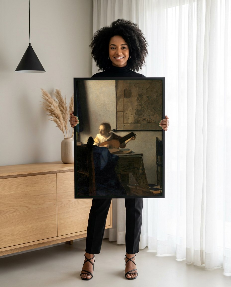 Quadro Decorativo A Mulher com o Alaúde - Vermeer | modelo apresentando o quadro emoldurado