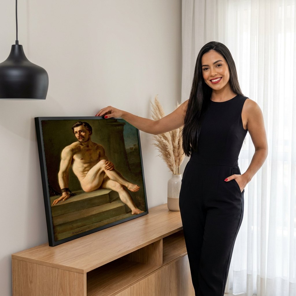 Quadro Decorativo Homem Acorrentado - Józef Simmler | modelo apresentando o quadro emoldurado