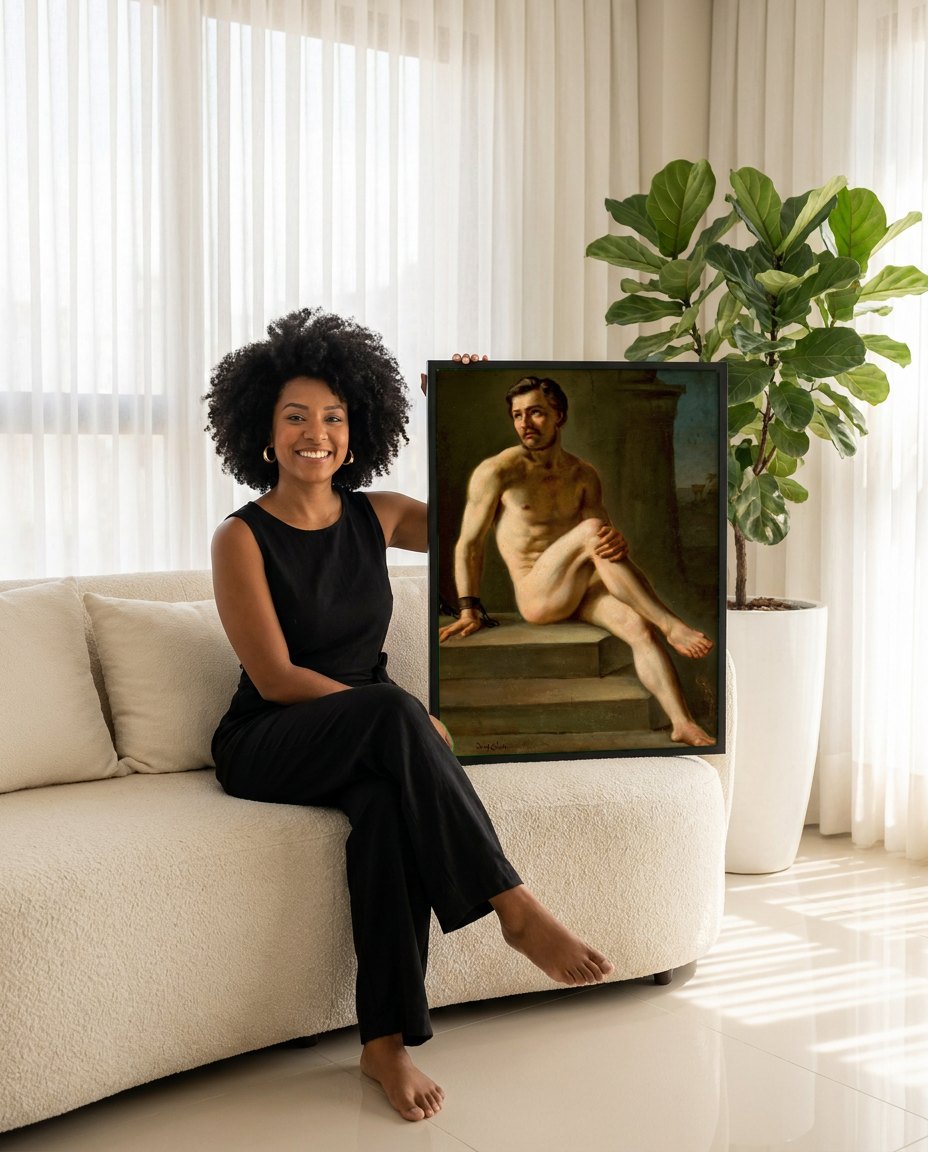 Quadro Decorativo Homem Acorrentado - Józef Simmler | modelo apresentando o quadro emoldurado