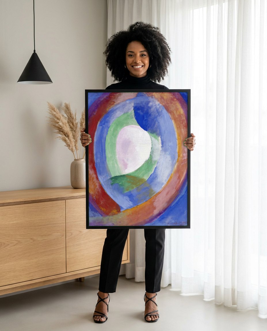 Quadro Decorativo Círculos de Cores - Robert Delaunay | modelo apresentando o quadro emoldurado
