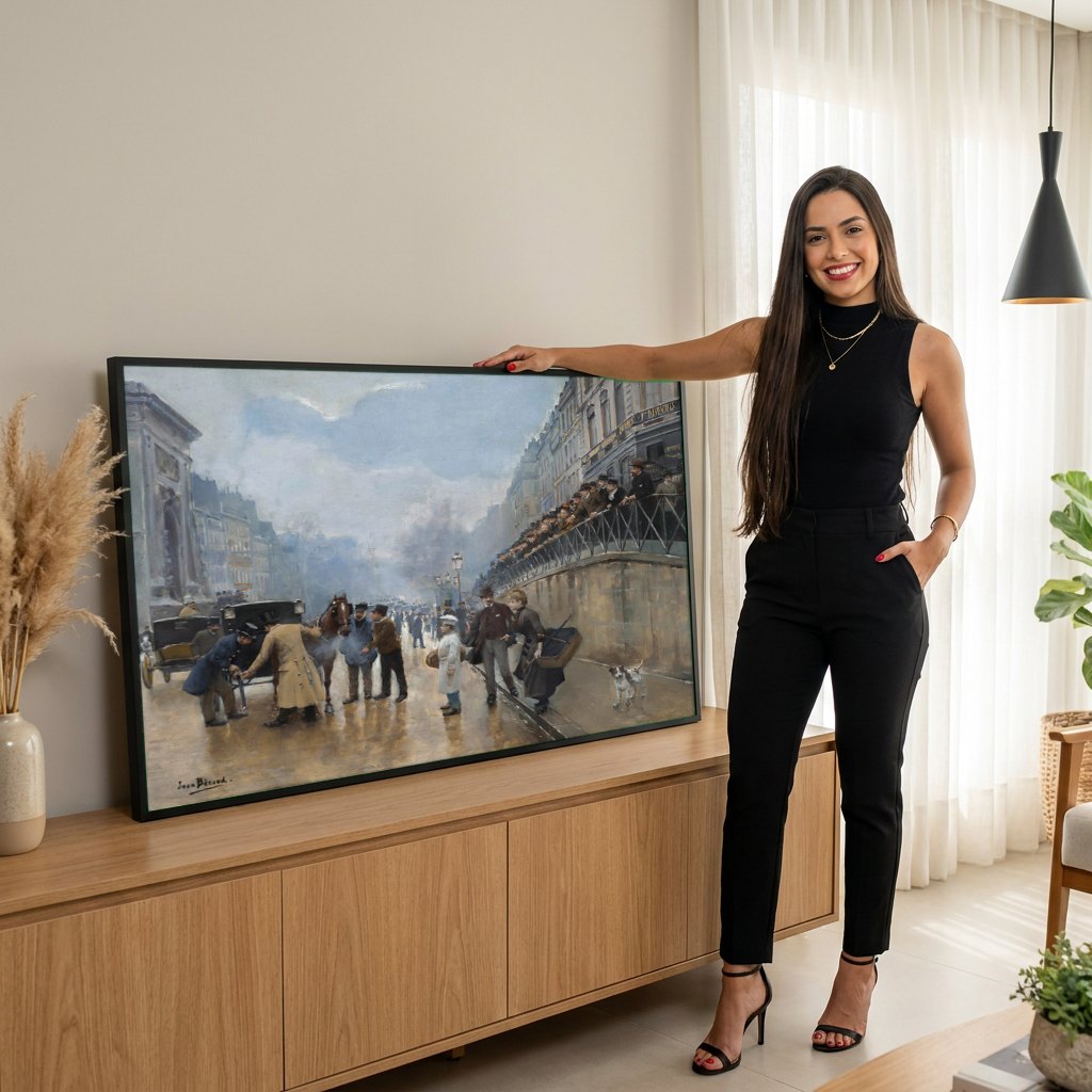 Quadro Decorativo Cena Urbana Chuvosa - Jean Béraud | modelo apresentando o quadro emoldurado