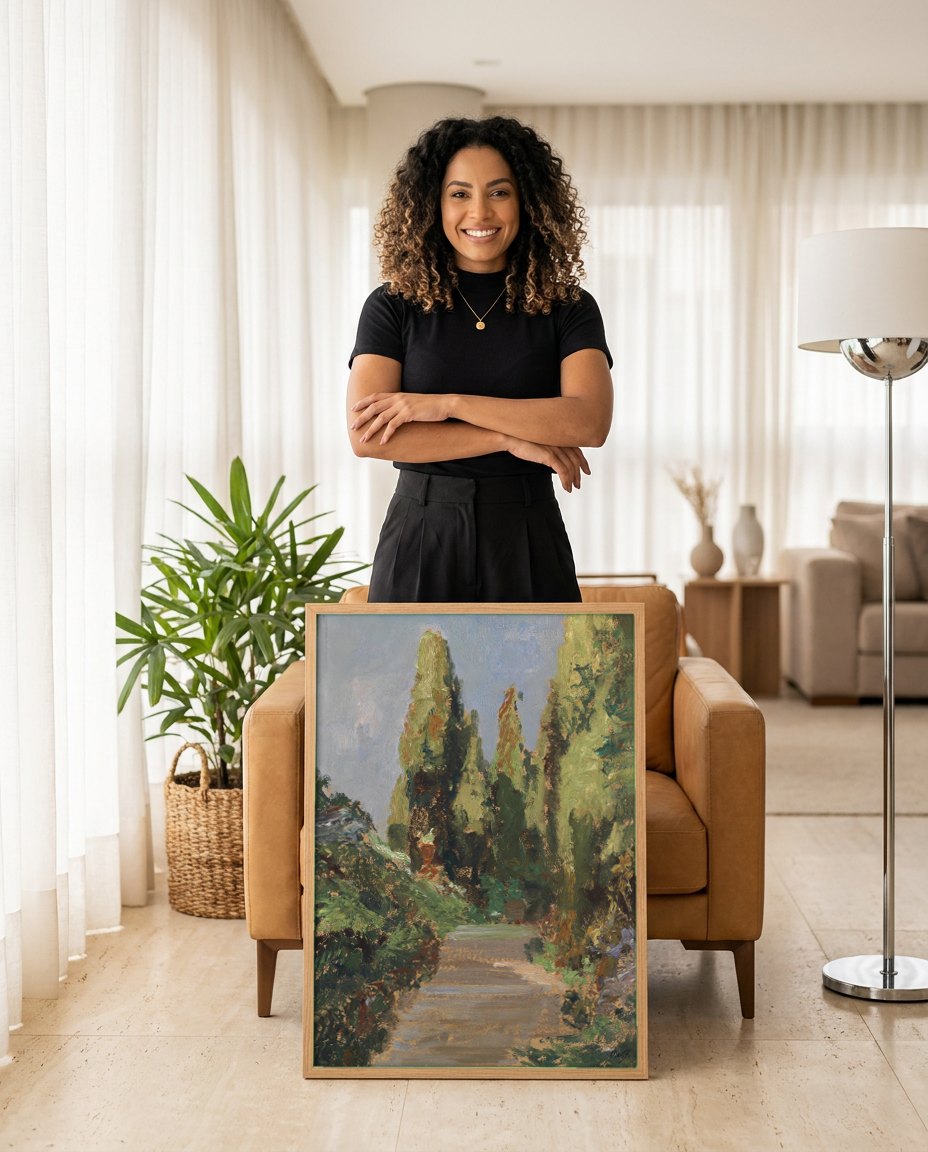 Quadro Decorativo Caminho Entre Ciprestes - Olga Wisinger-Florian | modelo apresentando o quadro emoldurado