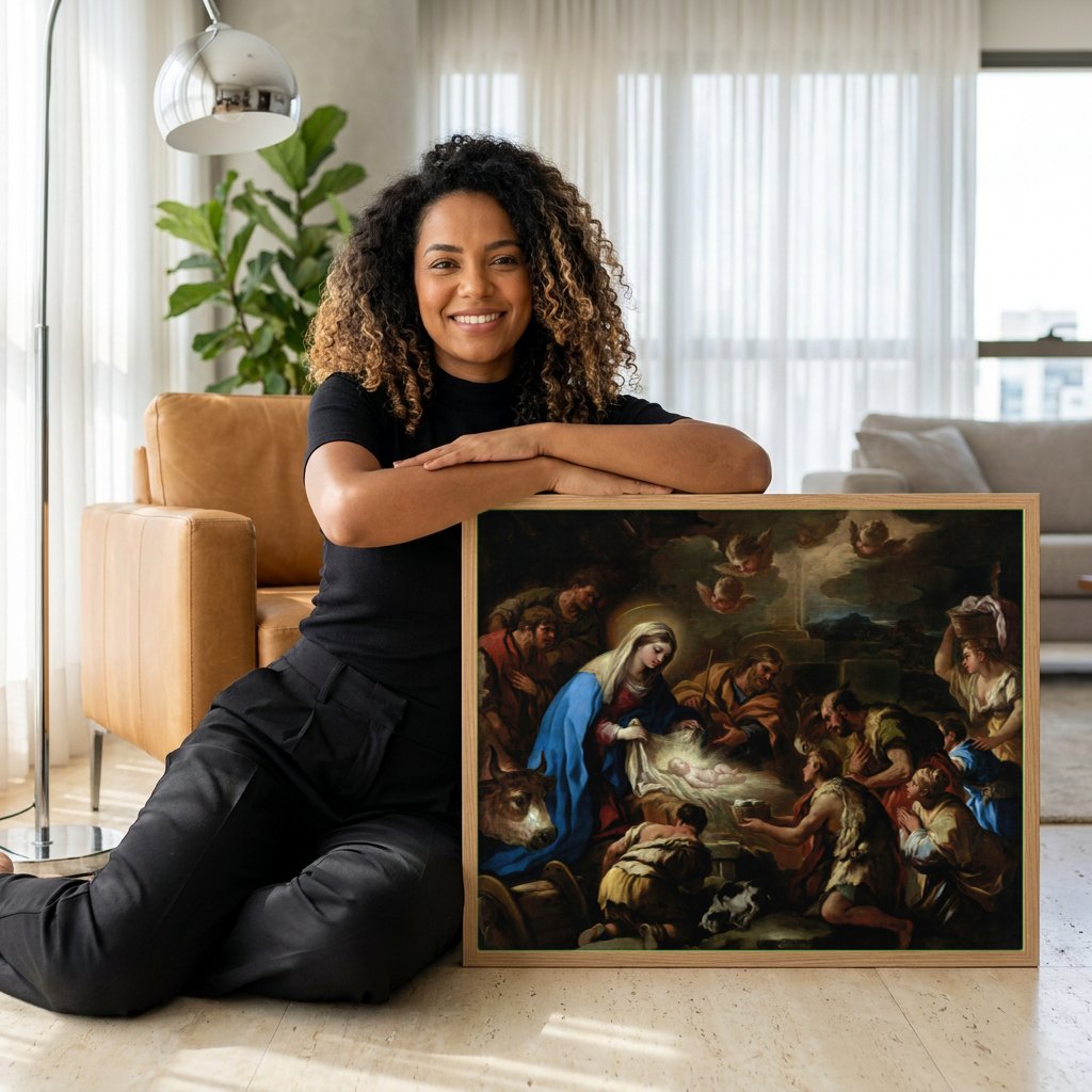 Quadro Decorativo A Adoração dos Pastores - Luca Giordano | modelo apresentando o quadro emoldurado