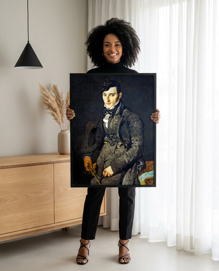 Quadro Decorativo Retrato de Monsieur Bertin - Ingres | modelo apresentando o quadro emoldurado