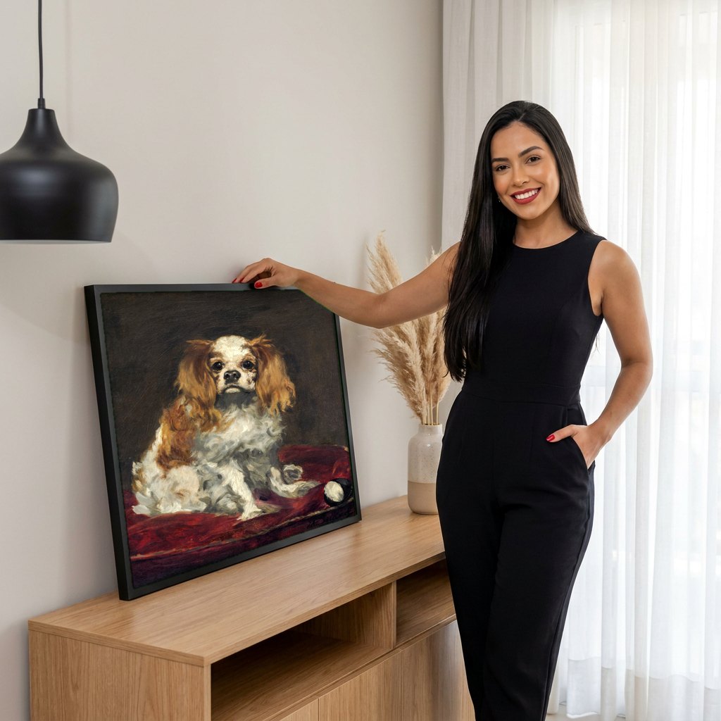 Quadro Decorativo 'King Charles Spaniel' - Édouard Manet | modelo apresentando o quadro emoldurado