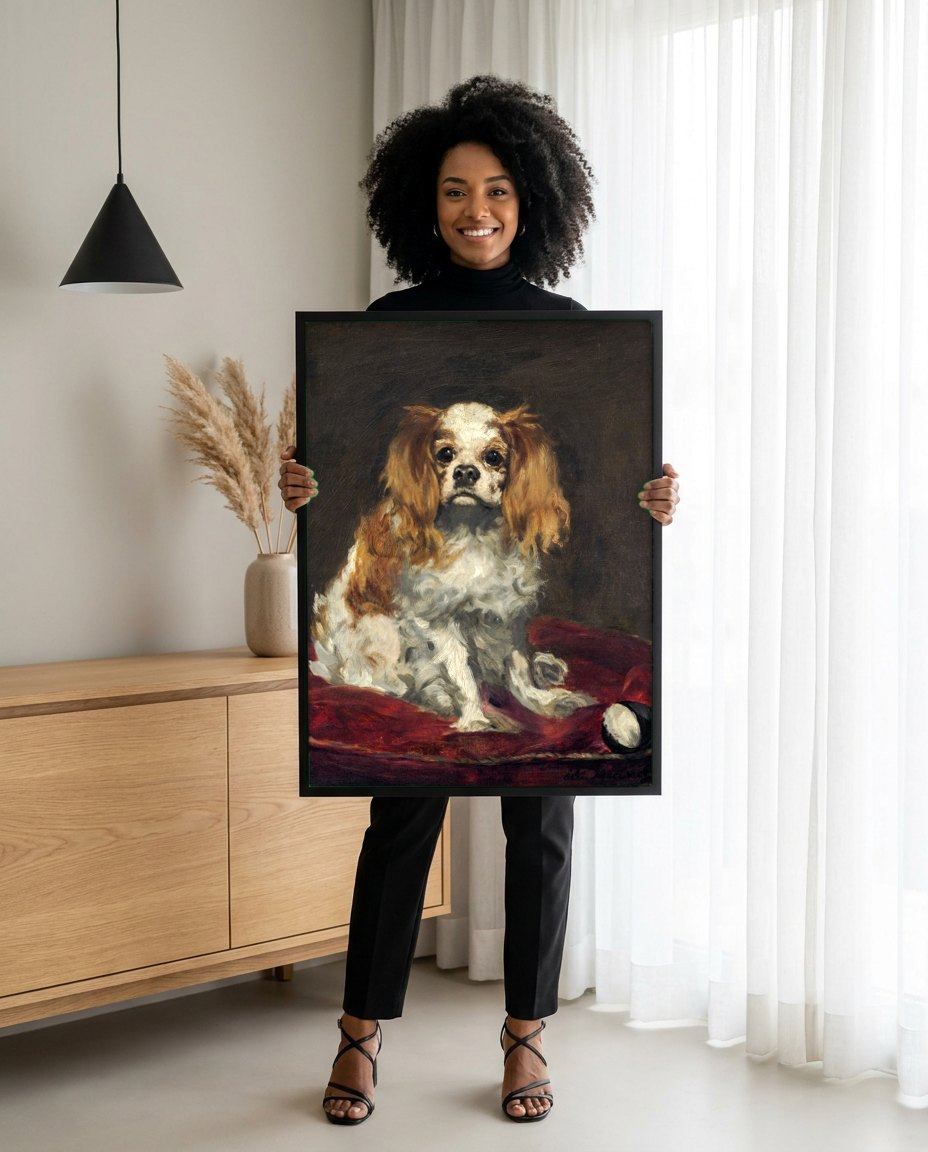 Quadro Decorativo 'King Charles Spaniel' - Édouard Manet | modelo apresentando o quadro emoldurado