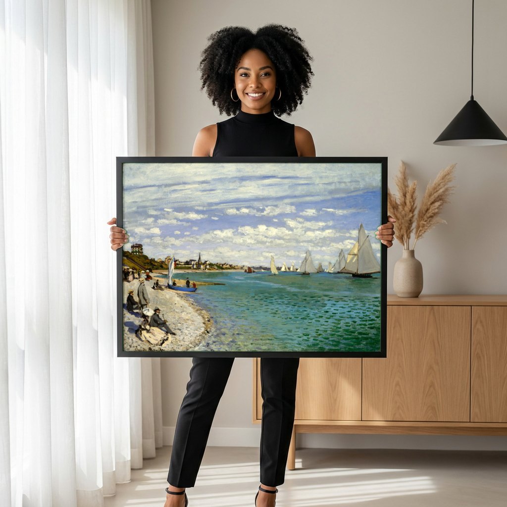 Quadro Decorativo A Praia de Sainte-Adresse - Claude Monet | modelo apresentando o quadro emoldurado