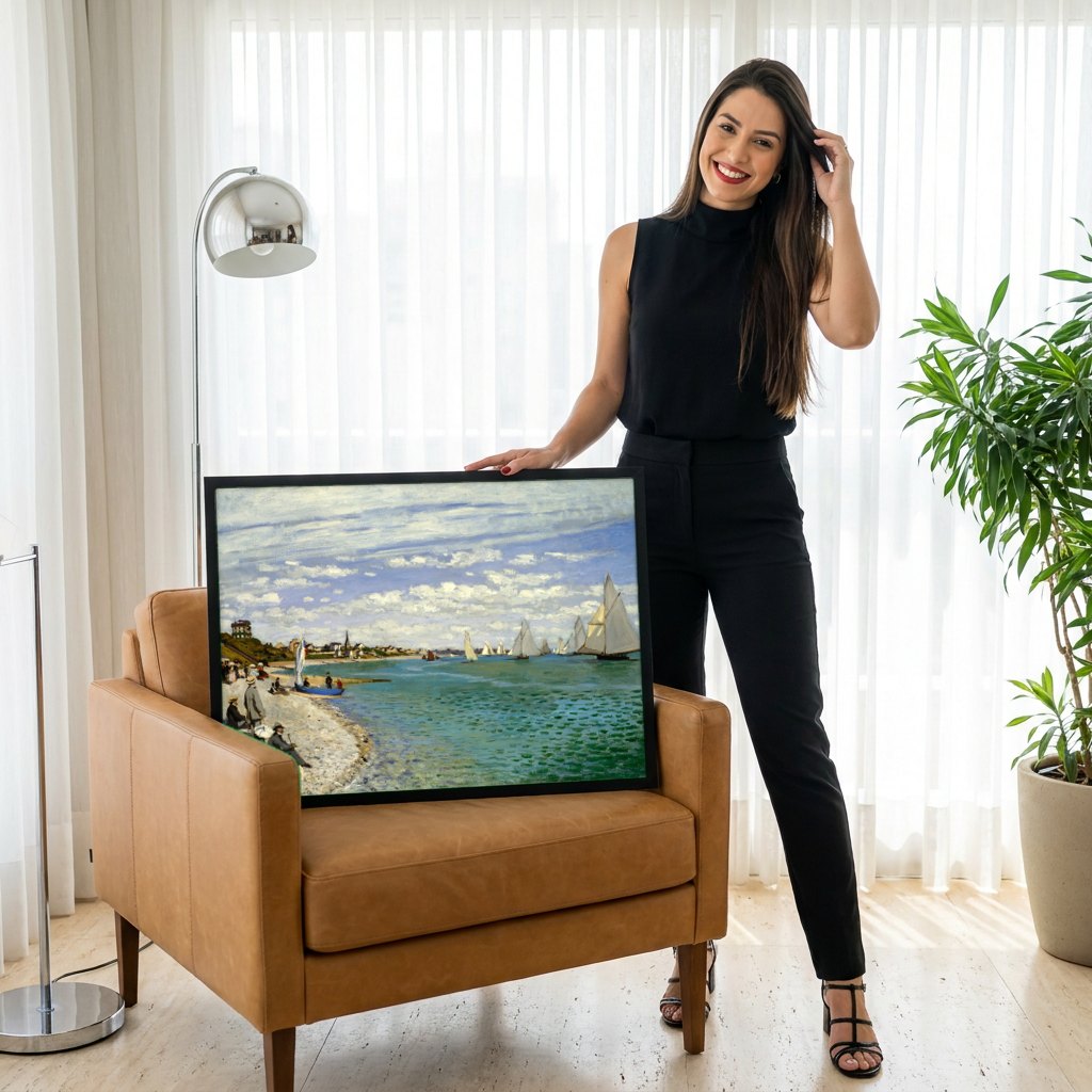 Quadro Decorativo A Praia de Sainte-Adresse - Claude Monet | modelo apresentando o quadro emoldurado