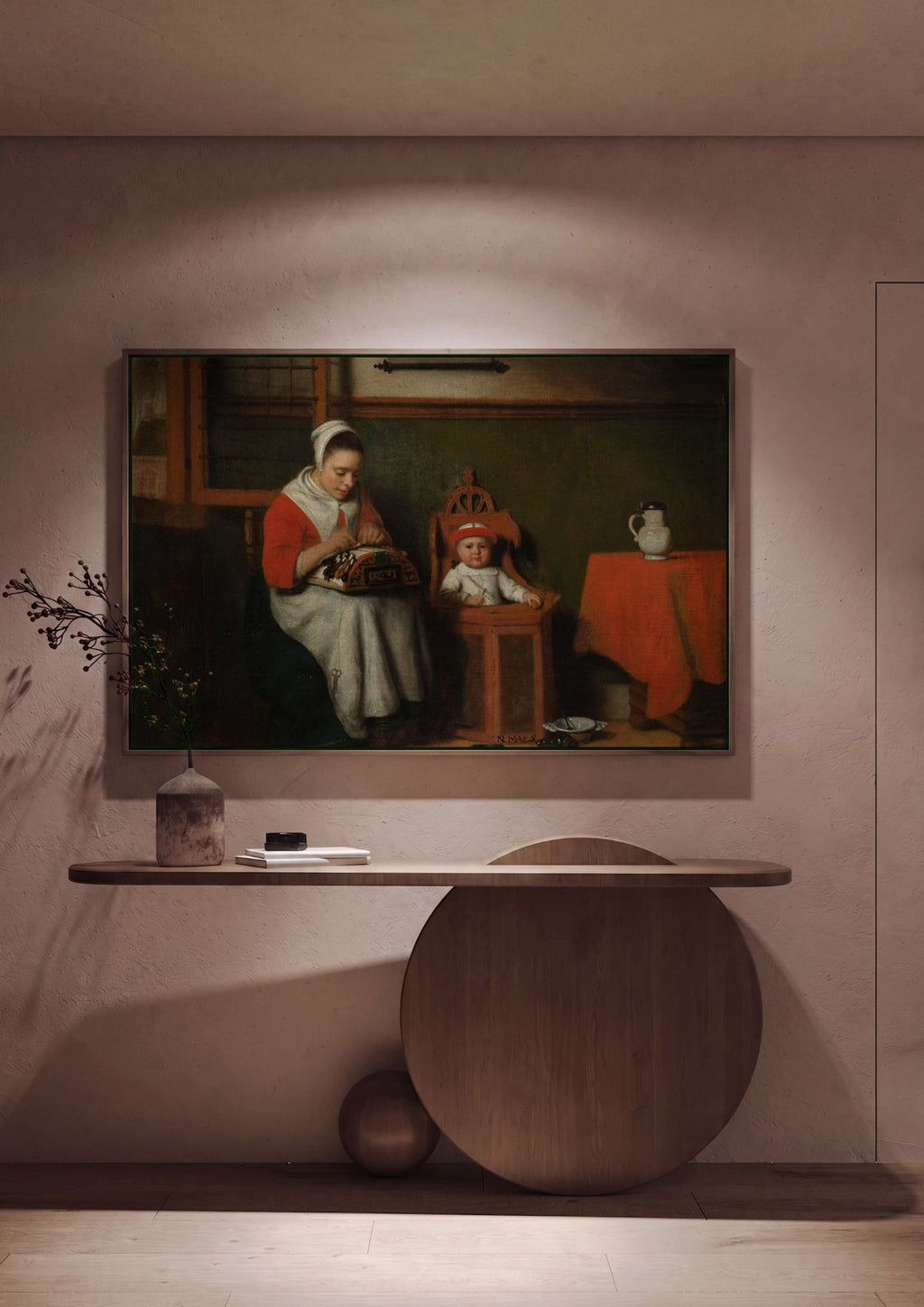 Quadro Decorativo A Fazedor de Renda e a Criança - Nicolaes Maes em ambiente decorado