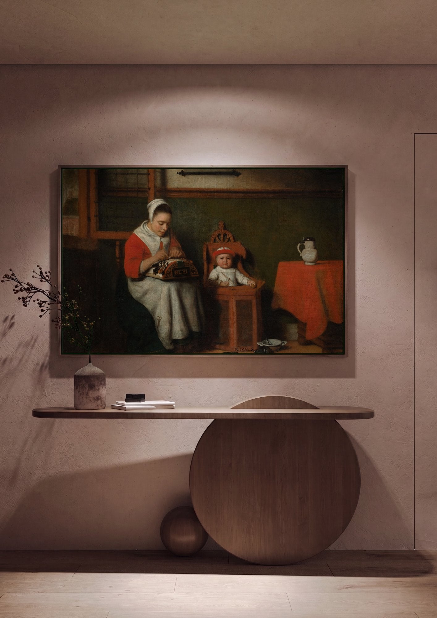 Quadro Decorativo A Fazedor de Renda e a Criança - Nicolaes Maes em ambiente decorado