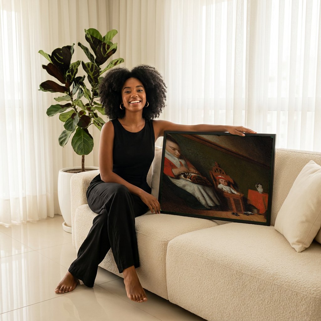Quadro Decorativo A Fazedor de Renda e a Criança - Nicolaes Maes com modelo em ambiente