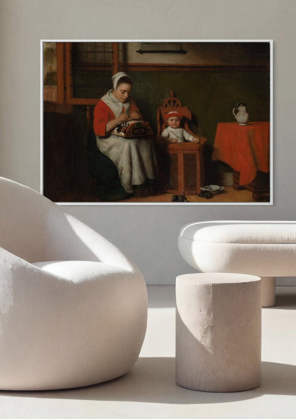 Quadro Decorativo A Fazedor de Renda e a Criança - Nicolaes Maes em ambiente decorado