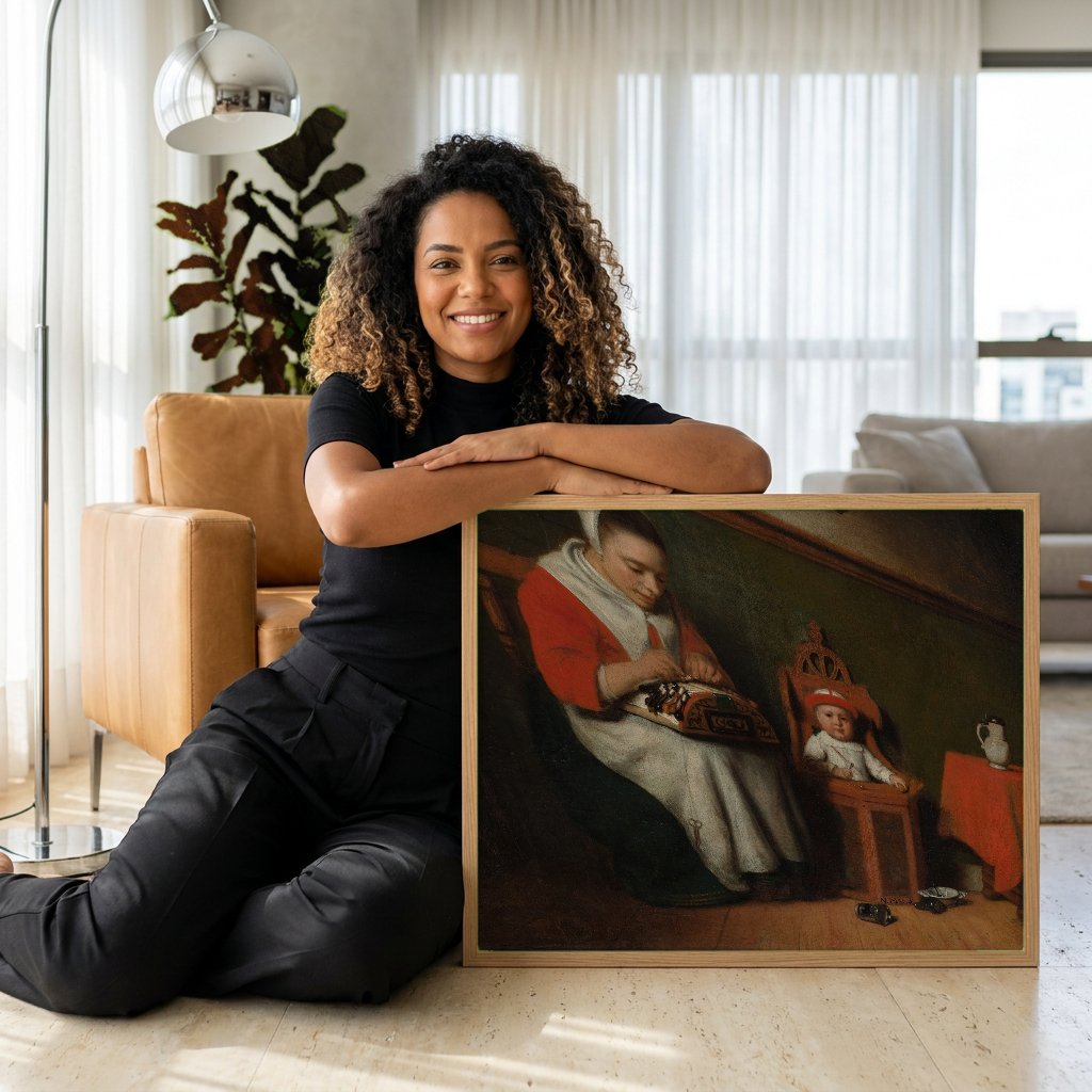 Quadro Decorativo A Fazedor de Renda e a Criança - Nicolaes Maes com modelo em ambiente