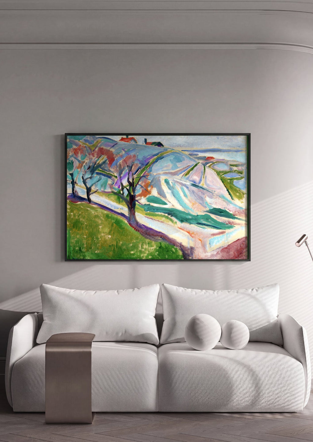 Quadro Decorativo Paisagem com Casas e Árvores - Edvard Munch em ambiente decorado