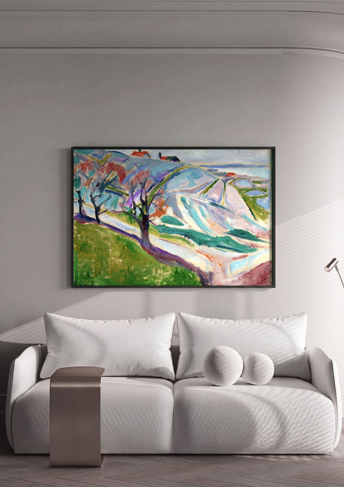 Quadro Decorativo Paisagem com Casas e Árvores - Edvard Munch em ambiente decorado