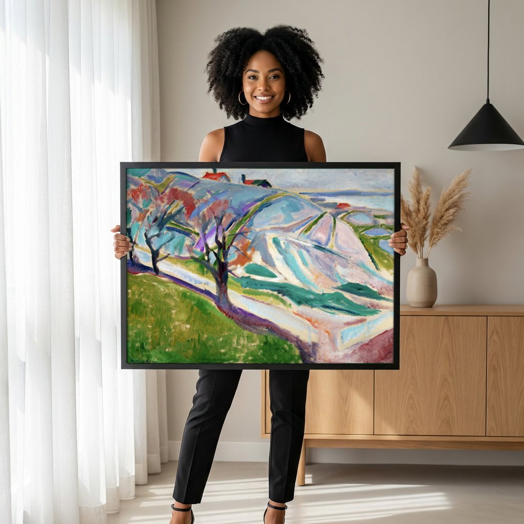 Quadro Decorativo Paisagem com Casas e Árvores - Edvard Munch com modelo em ambiente