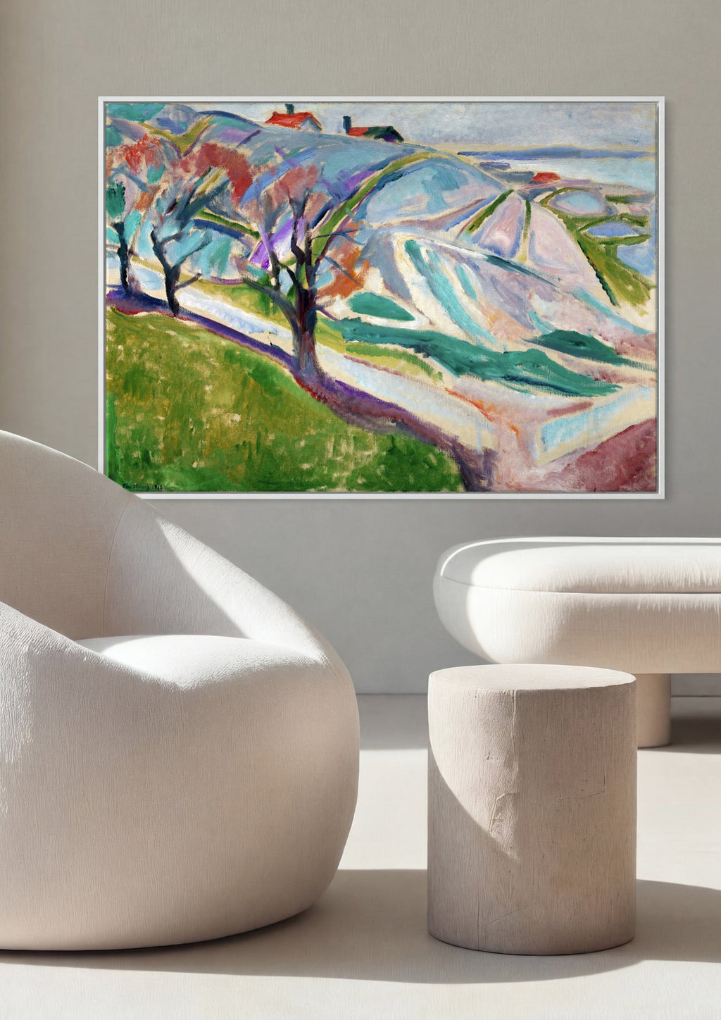 Quadro Decorativo Paisagem com Casas e Árvores - Edvard Munch em ambiente decorado