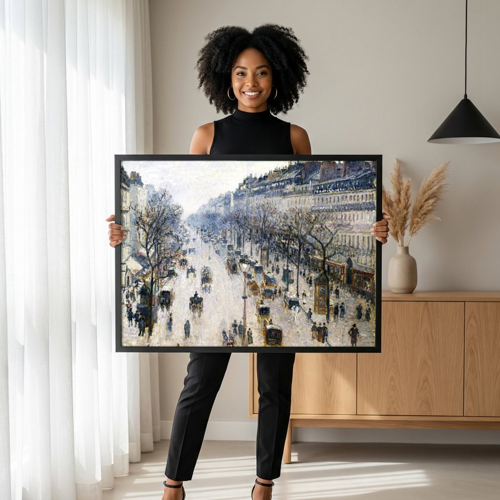 Quadro Decorativo Boulevard Montmartre à Noite - Pissarro com modelo em ambiente