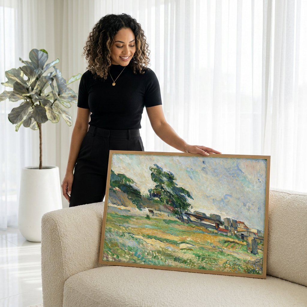Quadro Decorativo Paisagem com Casas e Árvores - Cézanne com modelo em ambiente
