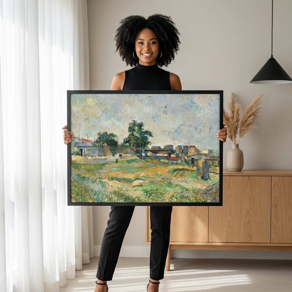 Quadro Decorativo Paisagem com Casas e Árvores - Cézanne com modelo em ambiente