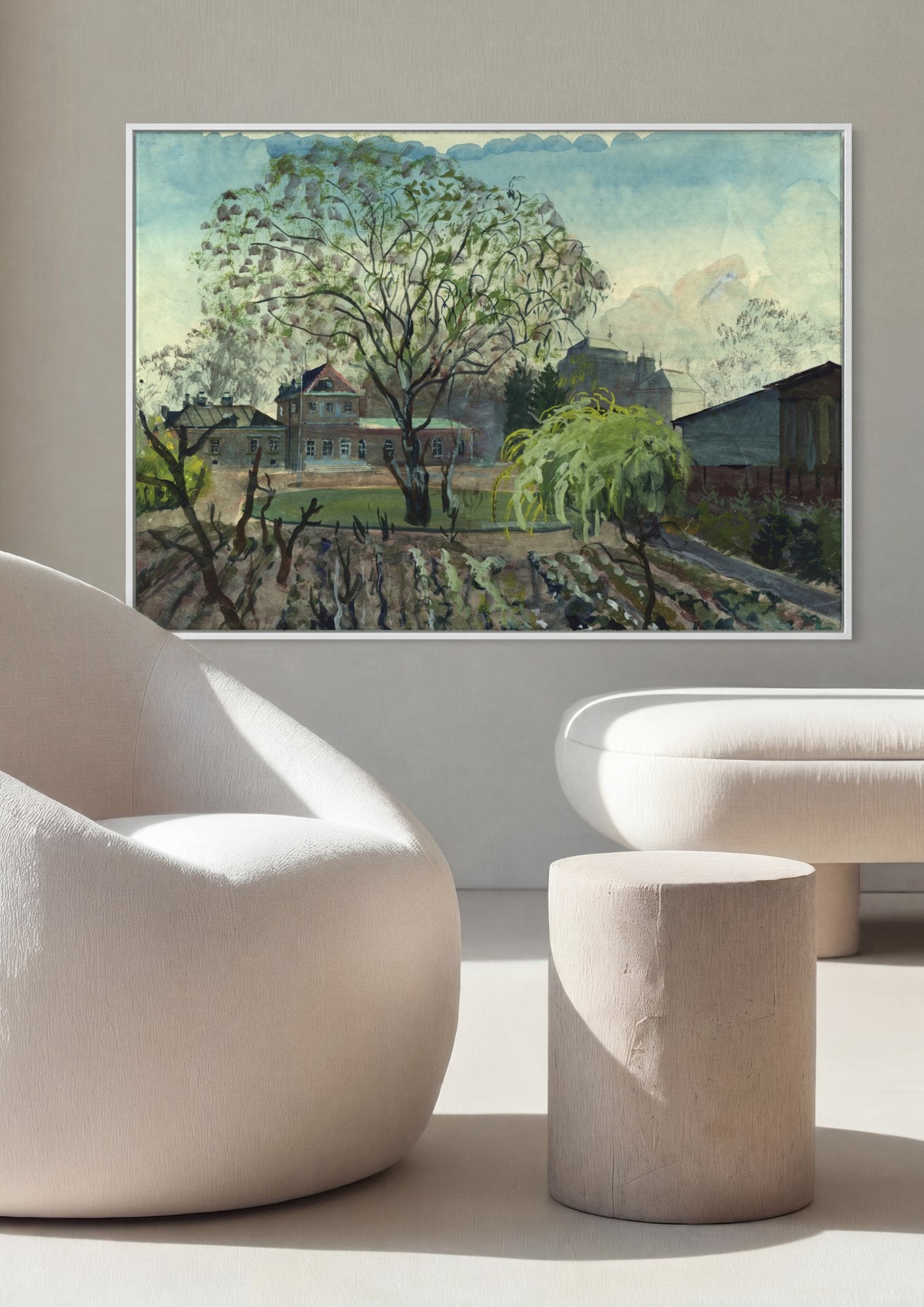 Quadro Decorativo Paisagem com Casas e Árvores - Oskar Laske em ambiente decorado